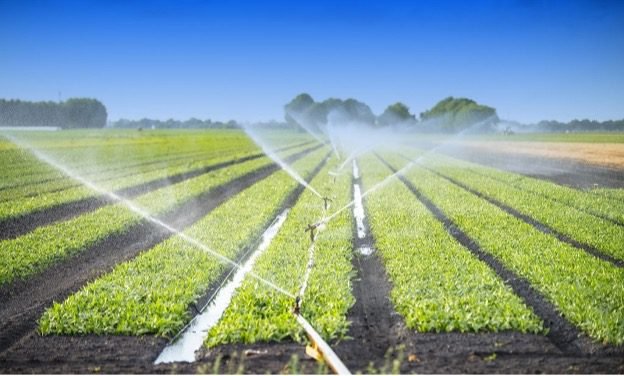 Modern agricultural irrigation system supplying water to crops in a farm field